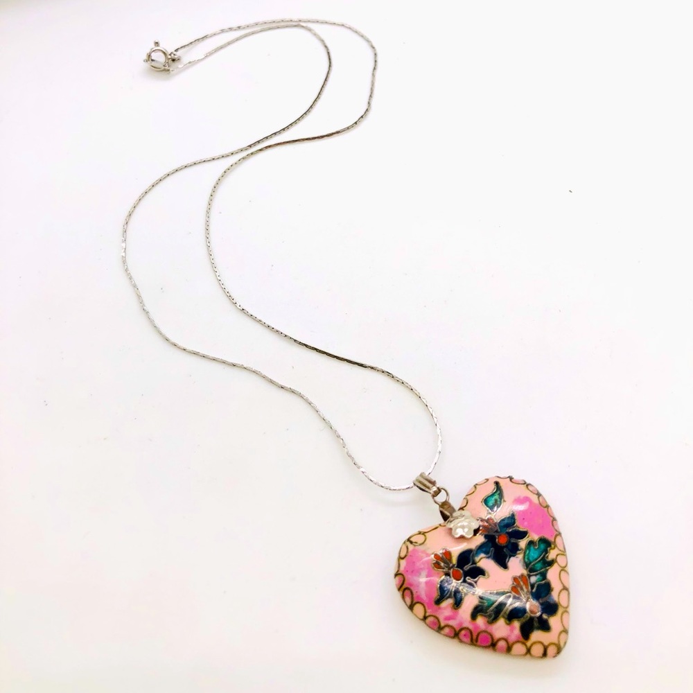 Vintage Cloisonné Heart Pendant & Trifari Simple Necklace